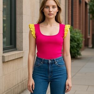 Bodycon tank top upcycled with crochet sleeves handmade by seller sz med